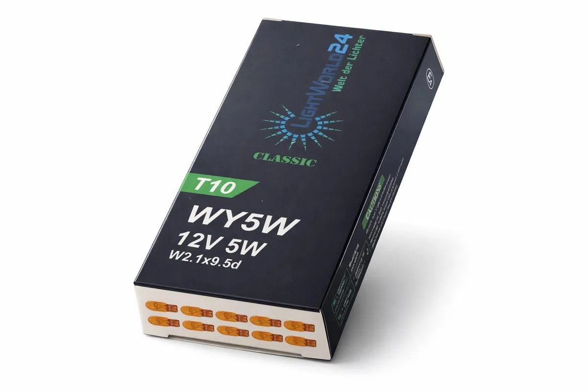 LIGHTWORLD24 10 x WY5W T10 12V 5W 5 Watt podstawa lampy kierunkowskazów 2.1x9.5d szklana podstawa lampa lampka sygnalizacyjna BURSZTYNOWA strona żarówki lewa migające światło żółte POMARAŃCZOWY