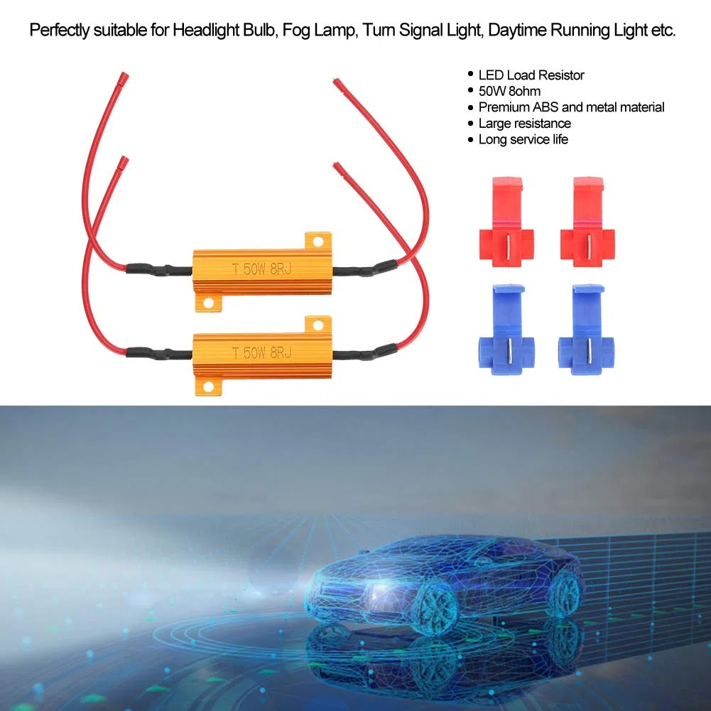 Rezystor obciążeniowy, 2 sztuki, 50 W, 8 omów, dekoder rezystora, mocowanie, diody LED, kierunkowskazy