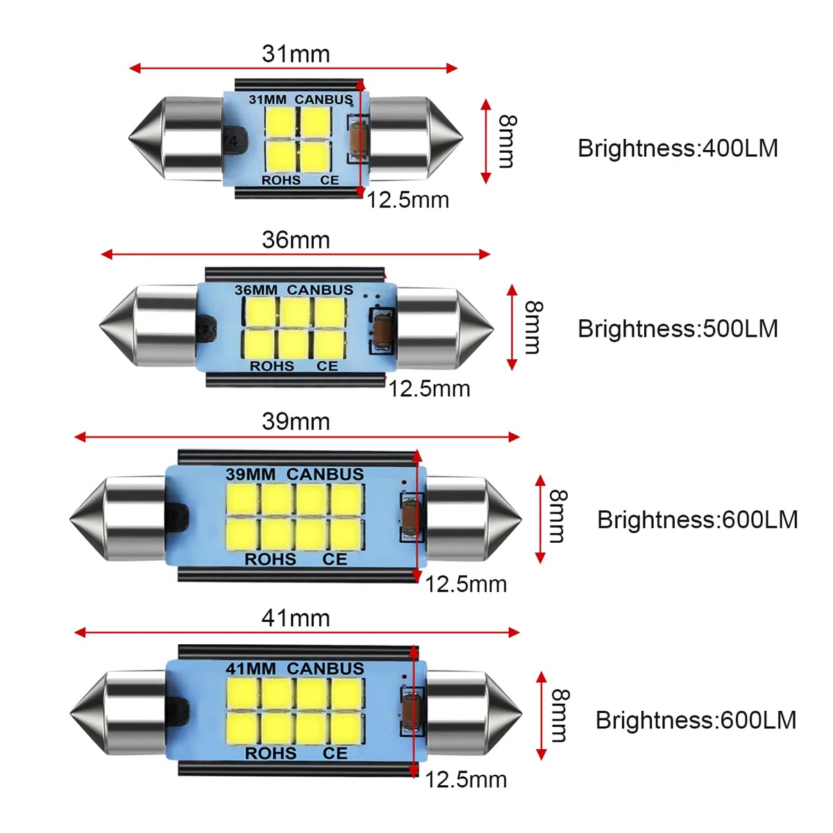 6 sztuk 31 MM Feston 6418 C5W żarówka samochodowa LED, 12-24 V 400 lm 6500 K (biały) 4SMD 2835 chipsety LED Canbus bez błędów, do samochodu kopułowego karty bagażnikowej dzięki uprzejmości