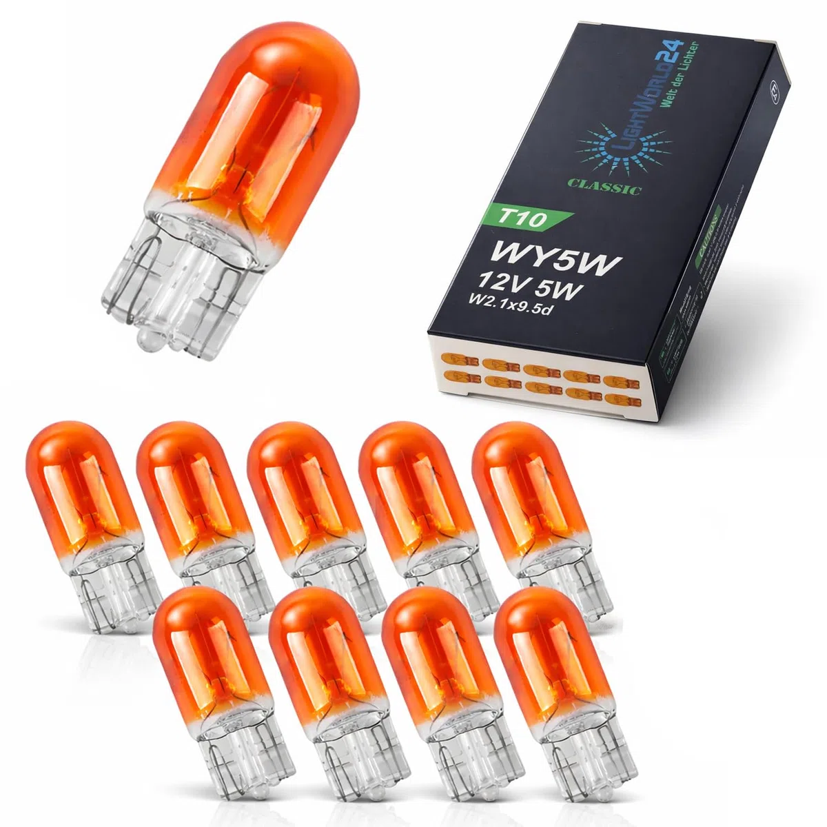 LIGHTWORLD24 10 x WY5W T10 12V 5W 5 Watt podstawa lampy kierunkowskazów 2.1x9.5d szklana podstawa lampa lampka sygnalizacyjna BURSZTYNOWA strona żarówki lewa migające światło żółte POMARAŃCZOWY